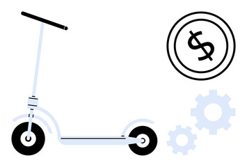 Electric scooter alongside dollar icon and gears highlights transportation innovation, cost management, and efficiency. Ideal for eco-transport, savings, tech, business, repair, sustainability flat