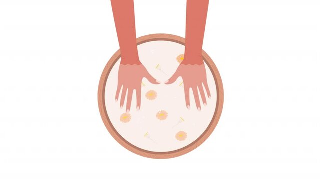 Animation of hand and nail skin care procedures. Soaking hands in a bowl with water and flowers and herbs. Spa manicure at home or in a beauty salon.