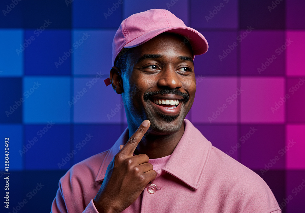 Poster smiling man with happy expression in pink cap and jacket poses in studio with checkered background s