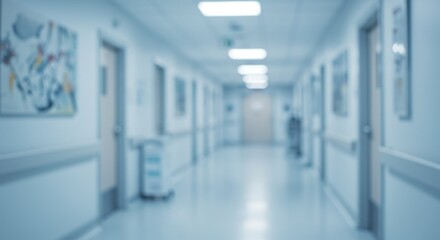 Fototapeta premium A blurred hospital hallway with doors and artwork on the walls and lights on the ceiling above
