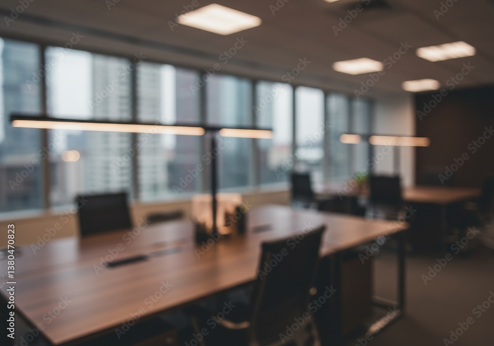Poster a blurred office space with long tables chairs and lights with a large window in the background