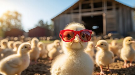 A group of fluffy yellow chicks standing in an outdoor area