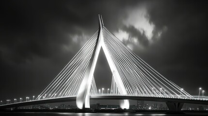 Fototapeta premium A dramatic black and white suspension bridge with many lights