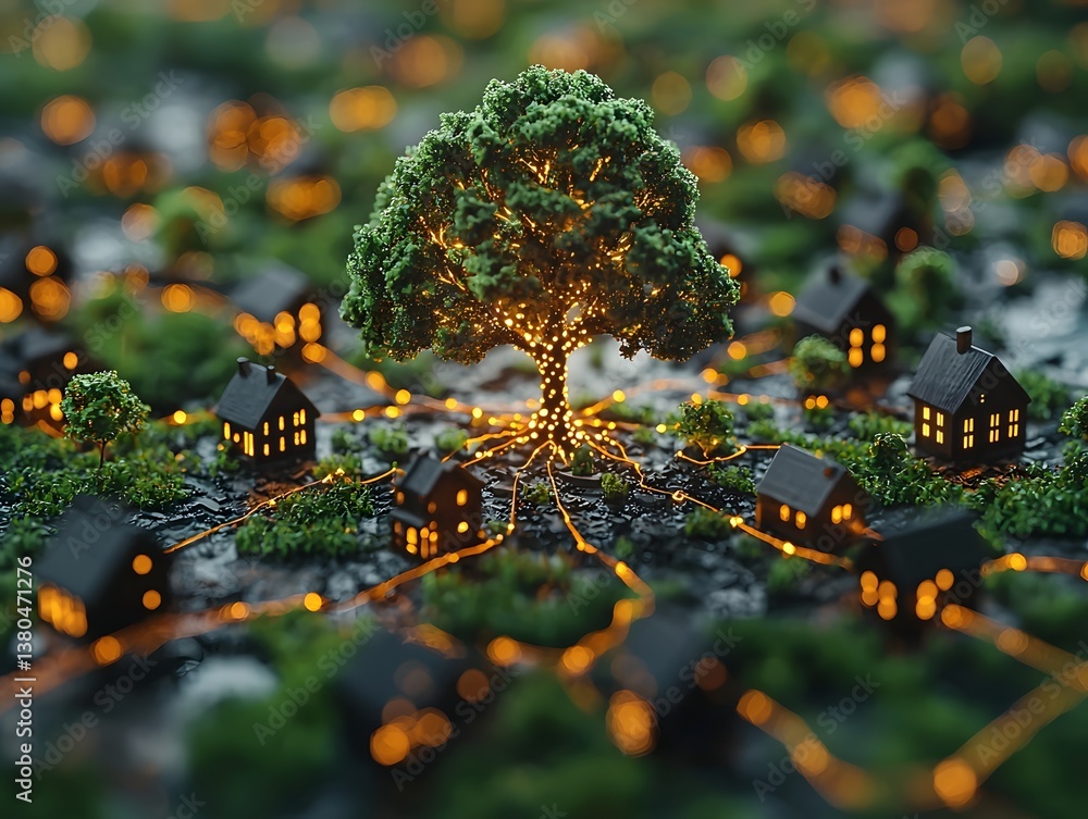 Poster a glowing tree like smart grid connecting renewable energy sources and infrastructure