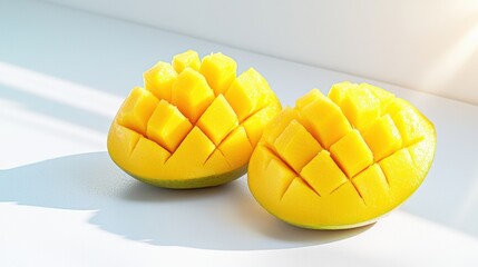 Freshly sliced mango halves displaying vibrant yellow cubes, perfect for snacking or desserts, illuminated by soft sunlight.