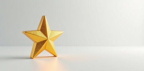Obraz premium A single gleaming gold star placed on a plain white or light-colored surface with clean lines and minimalist design , elegant, icon