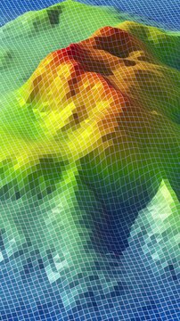 Terrain Mapping of an island: Gradient grid and slope/aspect analysis. Vertical video. Seamless loop. 3D rendering