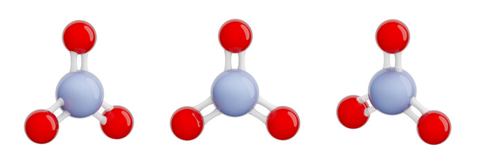 Molecule of Chromium trioxide. Set of views. Molecular formula: CrO3. Chemical model: Ball and stick. Isolated. Transparent background. 3D illustration