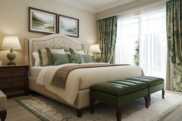 Comfortable and elegant bedroom featuring large bed and furniture