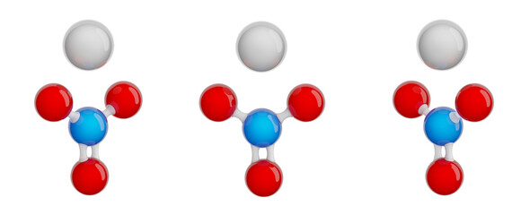Molecule of Silver nitrate. Set of views. Molecular formula: AgNO3. Chemical model: Ball and stick. Isolated. Transparent background. 3D illustration