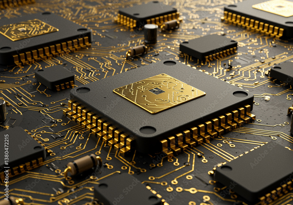 Poster microchip on circuit board with microprocessor and golden connections shows technology and computing