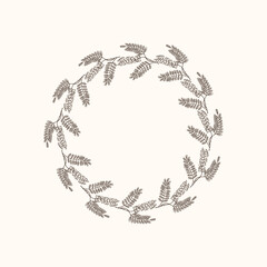 Frame with Acacia branch bloom flowers for text. Hand drawn botanical border with spring plants. Design template on isolated white background with Robinia pseudoacacia (White acacia) for card, flyer