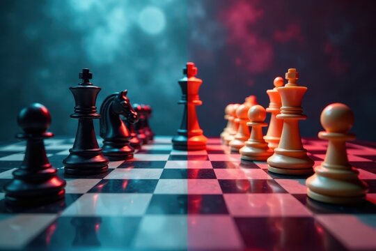 A split-screen image of a chessboard with one side representing progress and the other side representing stagnation, Divide, Opposites