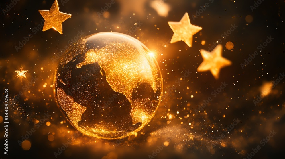 Poster golden globe with stars in a cosmic atmosphere creating a surreal and enchanting visual experience