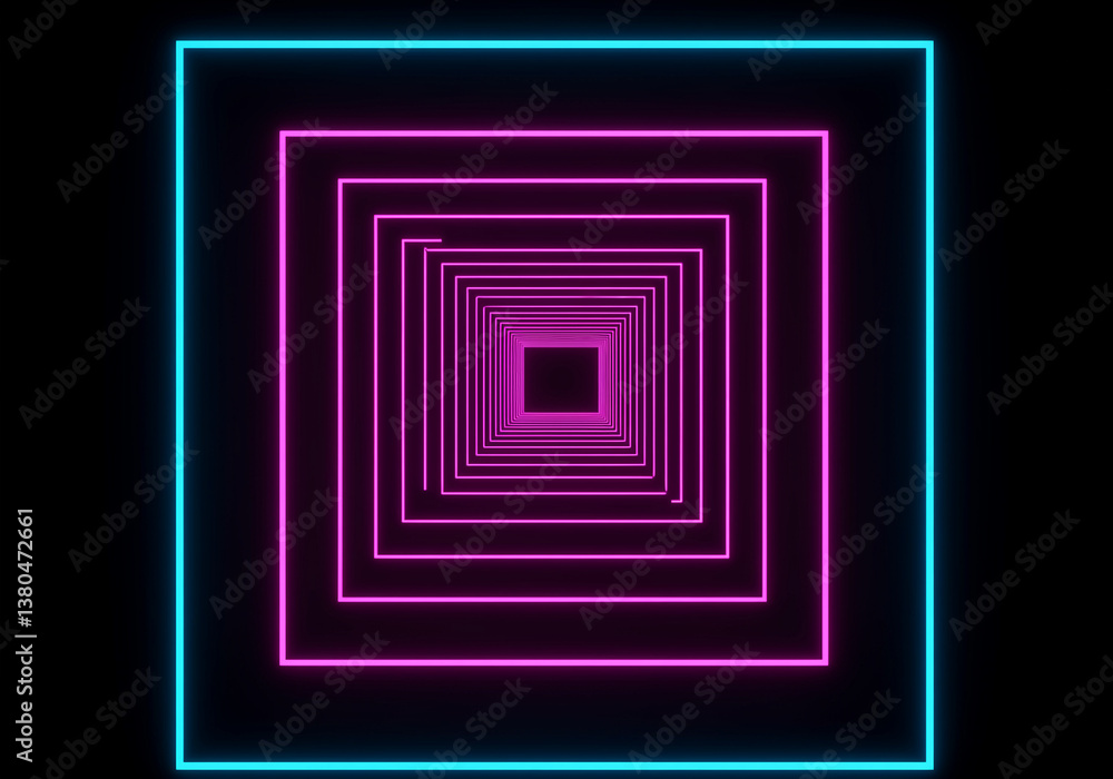 Poster neon squares tunnel: cyan and magenta neon squares create a mesmerizing tunnel effect against a blac