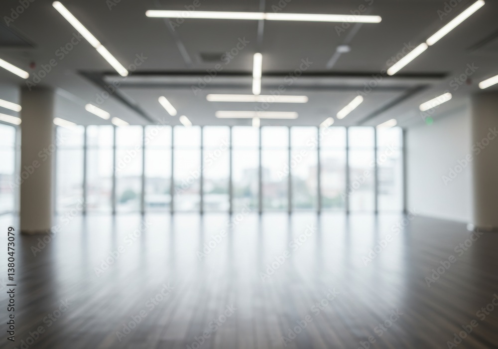 Poster blurred view of an empty modern office space with large windows and bright ceiling lights indoors