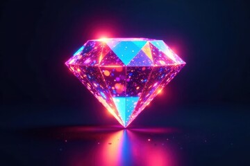 A stunning rainbow neon diamond is set against a dark backdrop as vibrant prism light flares burst forth in a kaleidoscope of colors , light flare, rainbow