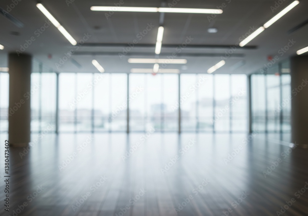 Poster blurred view of an empty room with large windows and ceiling lights in a modern building space