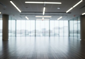 Fototapeta premium Blurred view of an empty room with large windows and ceiling lights in a modern building space