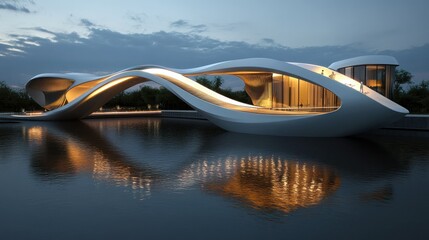 Fototapeta premium Modern organic architecture sitting gracefully upon a still body of water