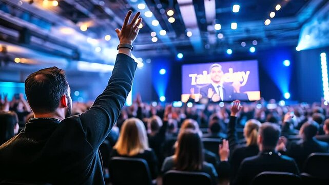 Rear perspective of participants raising hands during a Q&A session, the speaker engaging with the crowd on a professionally staged platform with corporate logos projected behind