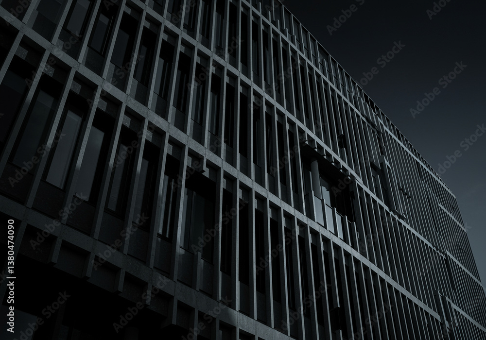 Poster modern building architecture featuring a contemporary facade with vertical lines and window pattern 