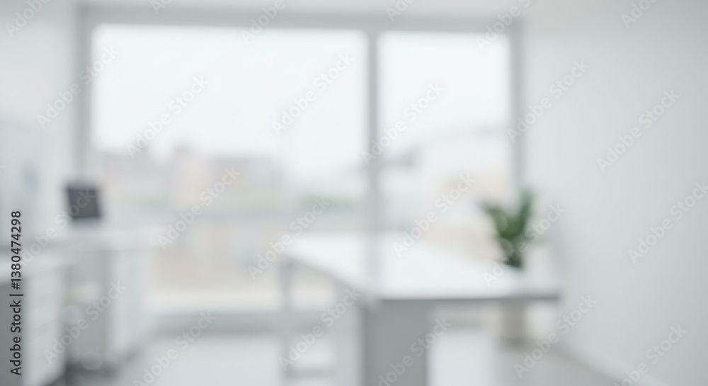 Poster blurred office space with desk computer plant and large window creating a bright and airy feel