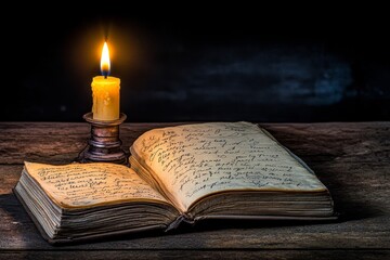 A dark room with a single flickering light, illuminating a notebook filled with chaotic writing and sketches