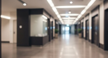 Obraz premium Blurred view of a long hallway with elevators and lighting in a modern office building area space