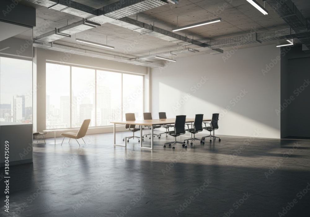 Poster Bright open office space with conference table chairs and large windows in a modern building