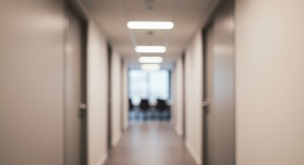 Blurred view of a hallway with doors and lights leading to a bright conference room space area