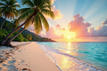 Beach at sunrise with white sand and turquoise water, palm trees, nature, tropical ocean