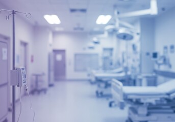 Blurred hospital interior with beds and equipment in soft blue and white light setting indoors