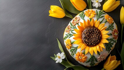 A beautifully decorated cake topped with flowers and a sunflower, surrounded by yellow tulips and green leaves. Concept Decorative Cake Design, Floral Toppings, Sunflower Accent, Yellow Tulips