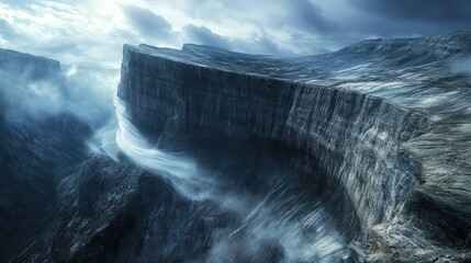 A breathtaking mountain ridge where the cliff edges meet the sky, the swirling winds shaping the dramatic landscape