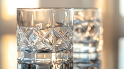 Two beautiful patterned crystal glasses are reflecting warm sunlight