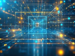 A glowing blue and gold digital space, where square lights shine at the center, connected by thin, glowing lines and surrounded by dynamic floating dots