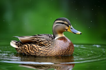 Fototapeta premium A duck ruffling its feathers on the surface of a pond, droplets glistening as they fly off