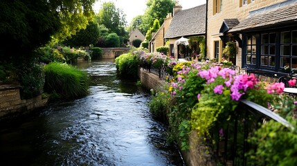 Idyllic Cotswolds River FlowerLined Canal  Village Charm.