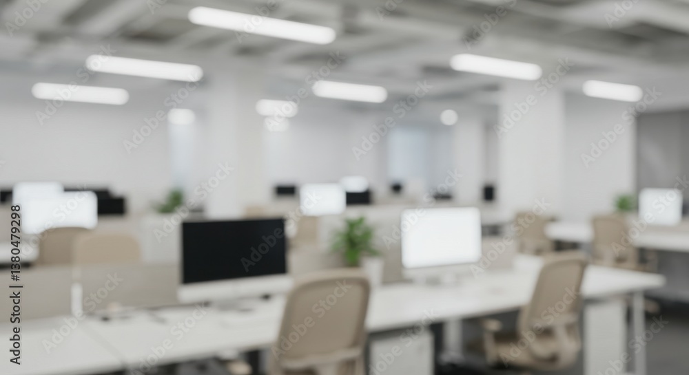 Poster a blurred view of a modern office space with desks computers and chairs in a bright environment