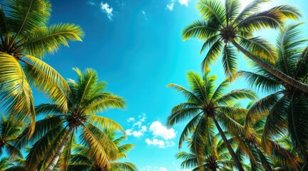 Fototapeta premium Tropical palm trees reaching toward deep azure sky, golden sunlight on fronds, scattered white clouds, lush green foliage, exotic warm climate, bright and vivid nature scene.