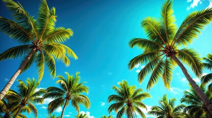 Obraz premium Tall palm trees against vibrant azure sky, tropical paradise, lush green fronds, golden sunlight, deep blue sky, scattered white clouds, upward perspective, exotic nature, summer vibes.