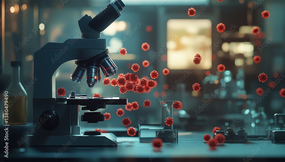 Poster microscope analyzes viral particles under magnification in a laboratory setting, revealing cellular 