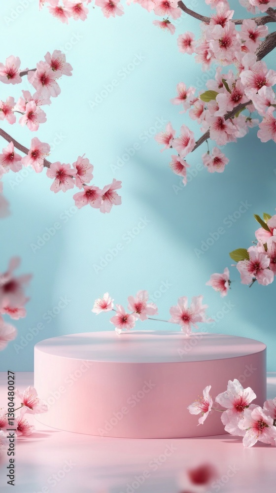 Poster soft pink petals cascade around a circular platform, set against a tranquil blue backdrop. this scen