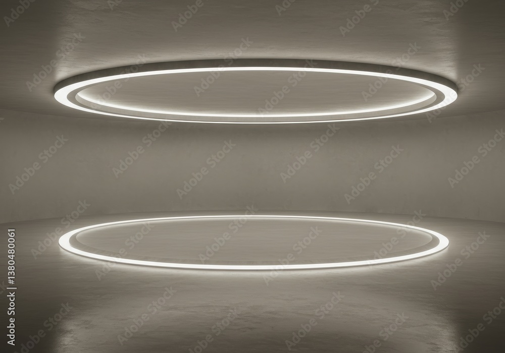 Poster Illuminated circles on ceiling and floor creating a modern and minimalist architectural design space