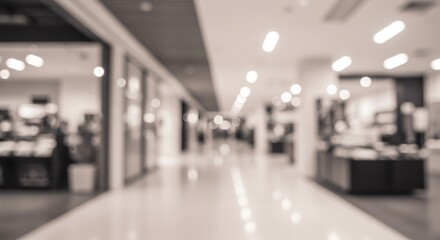 Fototapeta premium Blurred grayscale view of a shopping mall interior with bright lights and storefronts along the hallway