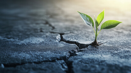 Growing plant emerging from cracked concrete, symbolizing resilience and breakthrough
