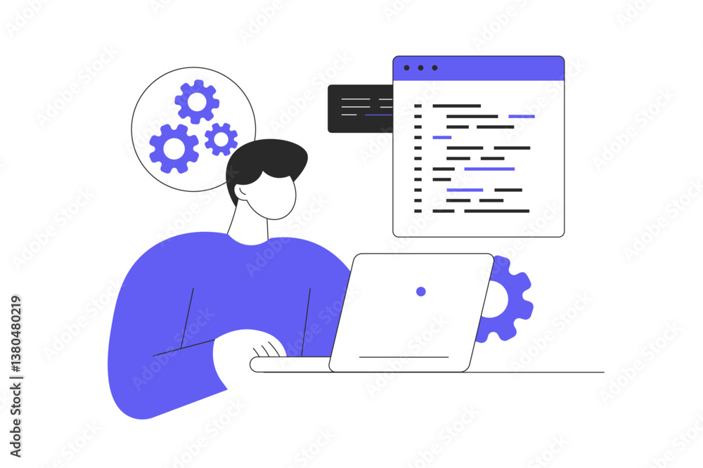 Poster system administrator web concept. man monitoring server infrastructure at laptop, checks problems, d