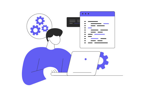 System administrator web concept. Man monitoring server infrastructure at laptop, checks problems, doing maintenance and settings. Flat Cartoon Vector Illustration, icon. Stylish abstract design web