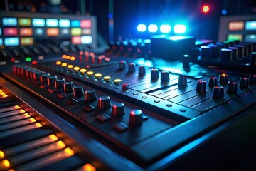 Night Studio Recording Session: Close-up Colorful Mixing Console